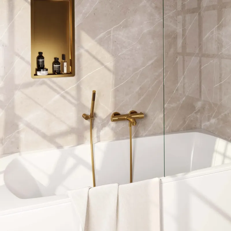 Tijdelijk Beschikbaar Brauer Gold Carving thermostatische badkraan met wandhouder en staafhanddouche geborsteld messing PVD
