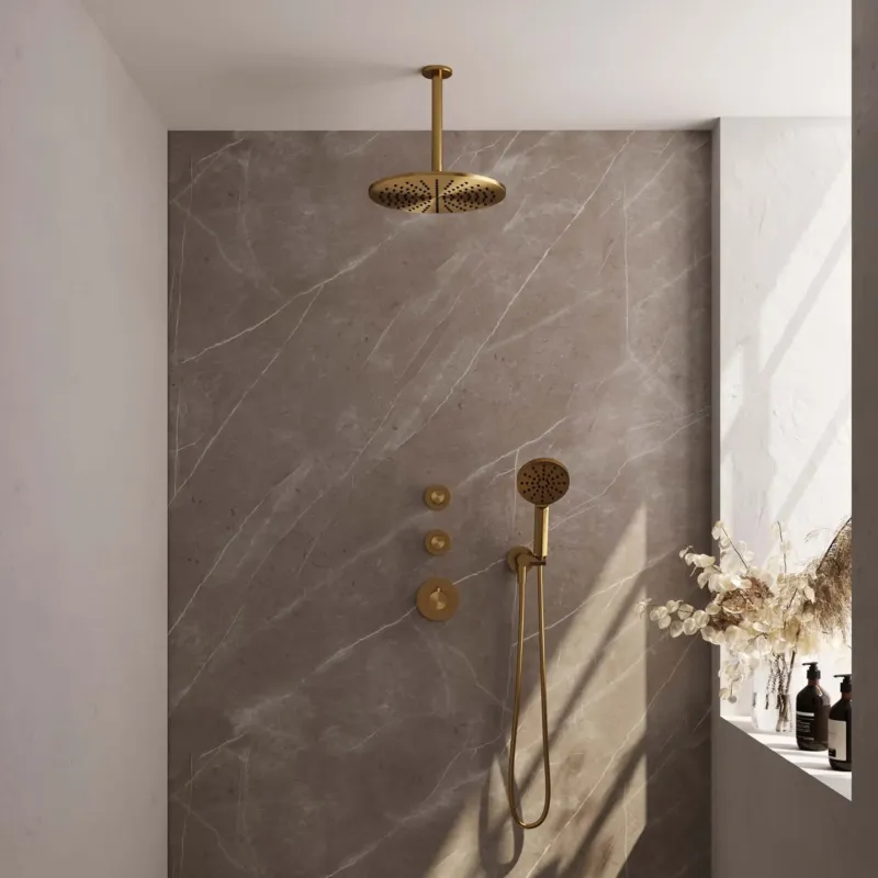 Brauer Gold Carving complete inbouw regendouche set 12 met 30cm douchekop, plafondarm en 3 standen handdouche geborsteld messing PVD Veilige Betaling