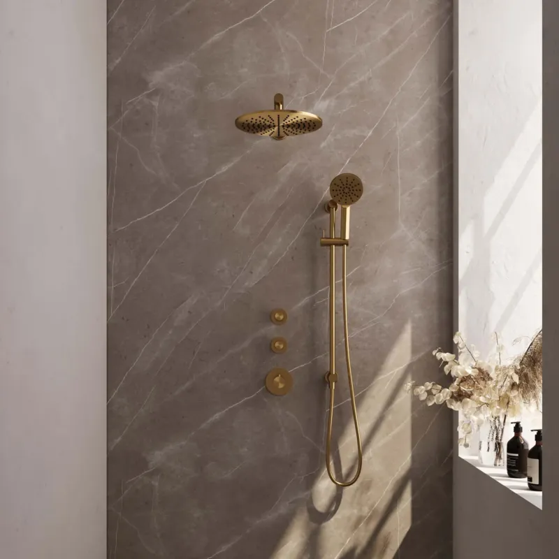 Brauer Gold Carving complete inbouw regendouche set 20 met 30cm douchekop, rechte muurarm, 3 standen handdouche en glijstang geborsteld messing PVD Gratis Retour