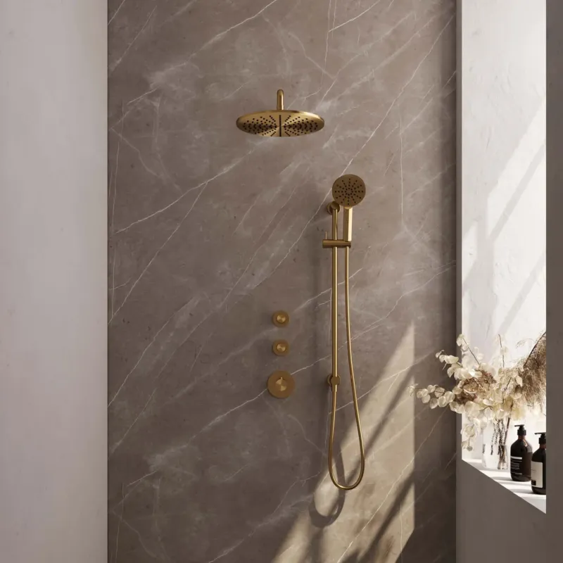 Populair Brauer Gold Carving complete inbouw regendouche set 22 met 30cm douchekop, gebogen muurarm, 3 standen handdouche en glijstang geborsteld messing PVD