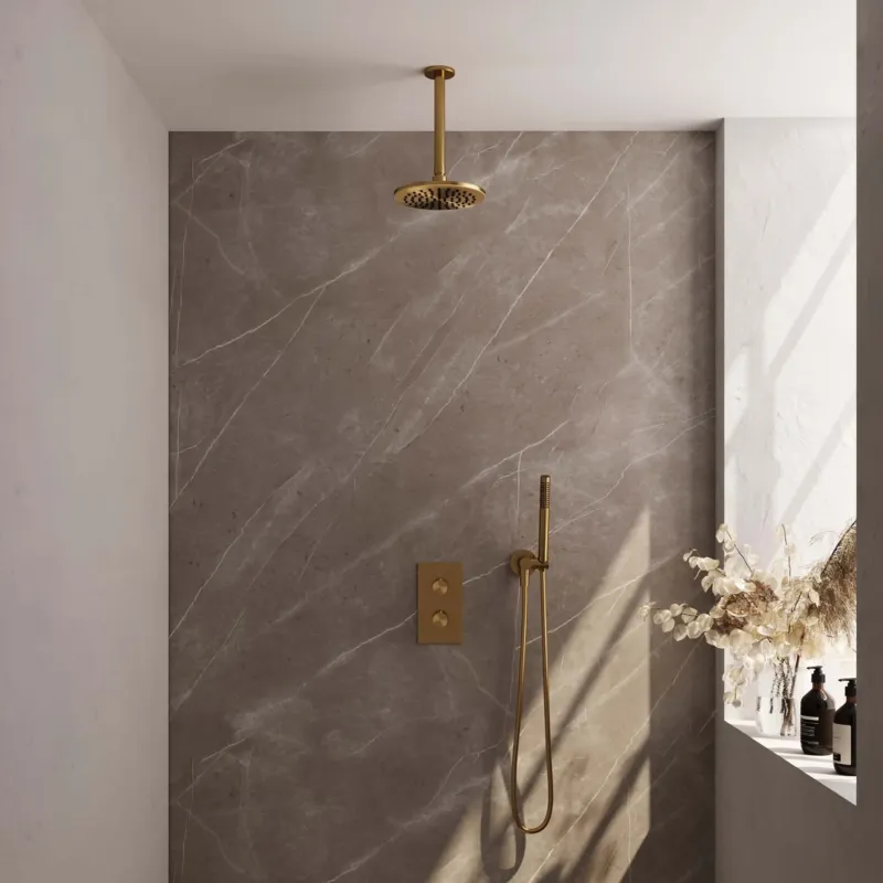 Brauer Gold Carving complete inbouw regendouche set 29 met 20cm douchekop, plafondarm en staafhanddouche geborsteld messing PVD Rechtstreeks Van De Fabrikant