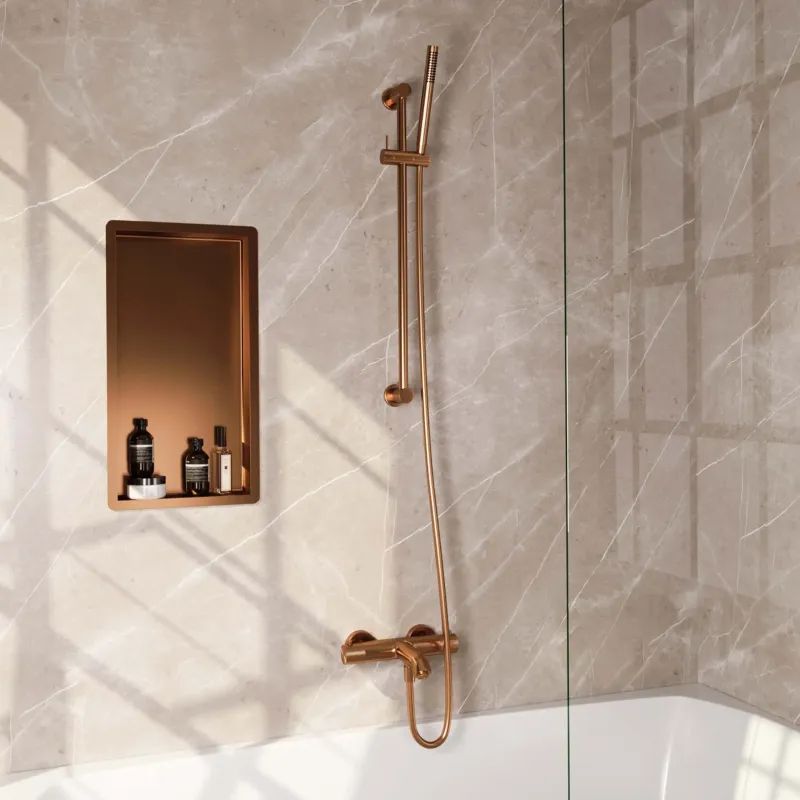 Beste Prijs Brauer Copper Carving thermostatische badkraan met glijstang en staafhanddouche geborsteld koper PVD