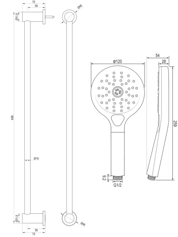 Voordeelprijs Brauer Copper Carving thermostatische badkraan met glijstang en 3 standen handdouche geborsteld koper PVD