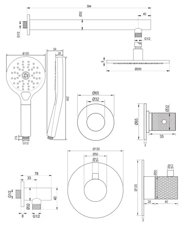 Brauer Copper Carving complete inbouw regendouche set 07 met 20cm douchekop, rechte muurarm en 3 standen handdouche geborsteld koper PVD Aanbieding