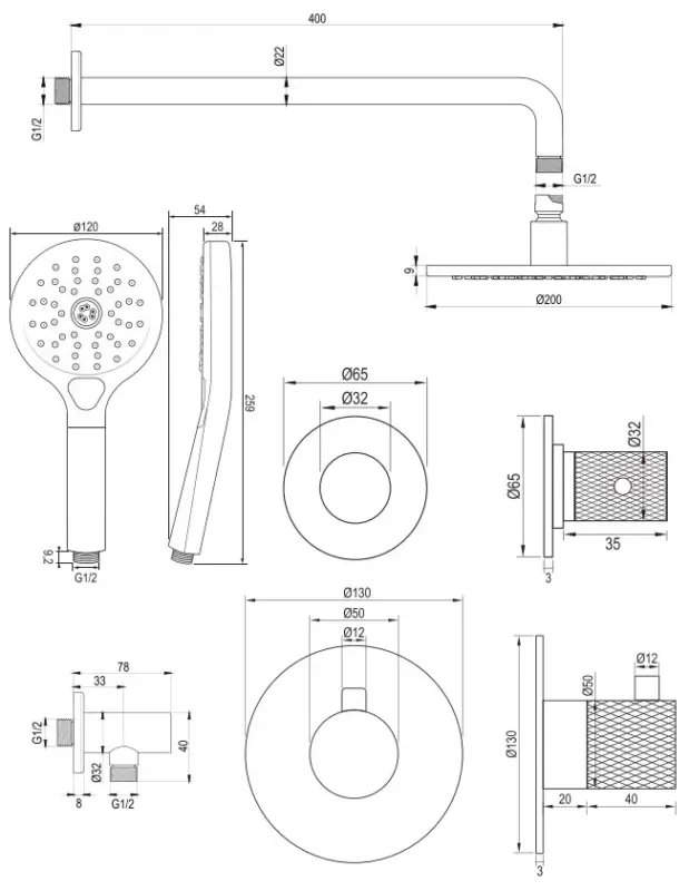 Brauer Copper Carving complete inbouw regendouche set 09 met 20cm douchekop, gebogen muurarm en 3 standen handdouche geborsteld koper PVD Express Levering