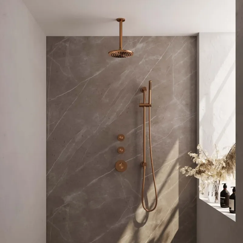 Brauer Copper Carving complete inbouw regendouche set 17 met 20cm douchekop, plafondarm, staafhanddouche en glijstang geborsteld koper PVD Bestseller