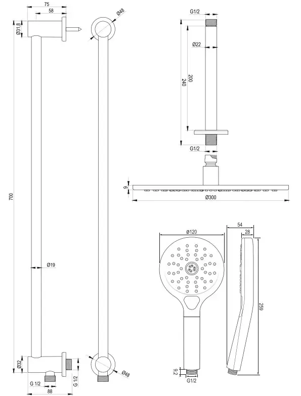 Brauer Copper Carving complete inbouw regendouche set 24 met 30cm douchekop, plafondarm, 3 standen handdouche en glijstang geborsteld koper PVD Gecertificeerd