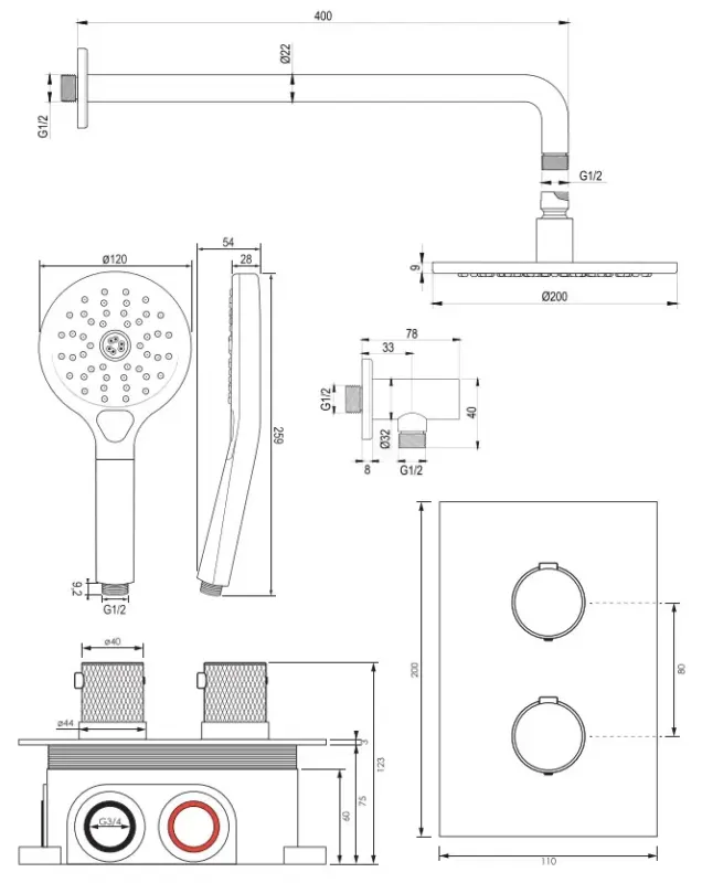 Bestseller Brauer Copper Carving complete inbouw regendouche set 33 met 20cm douchekop, gebogen muurarm en 3 standen handdouche geborsteld koper PVD