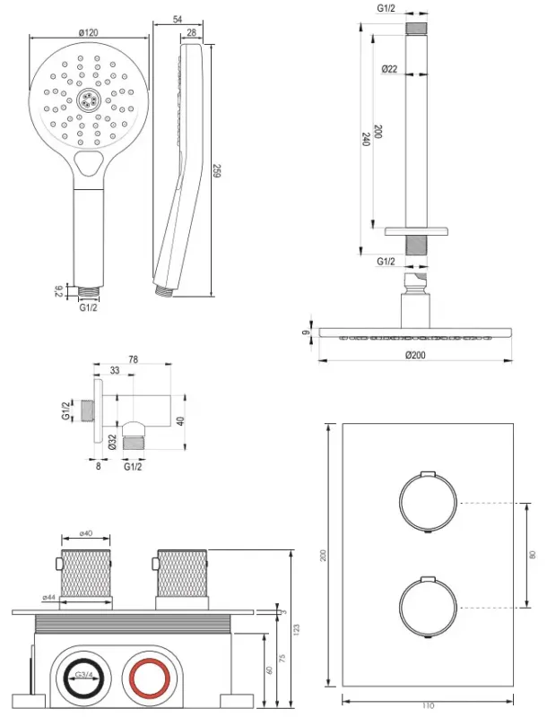 Brauer Copper Carving complete inbouw regendouche set 35 met 20cm douchekop, plafondarm en 3 standen handdouche geborsteld koper PVD Beperkte Voorraad