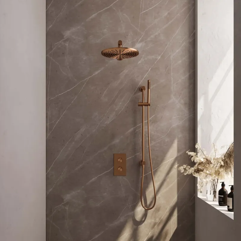 Shop Nu Brauer Copper Carving complete inbouw regendouche set 38 met 30cm douchekop, rechte muurarm, staafhanddouche en glijstang geborsteld koper PVD