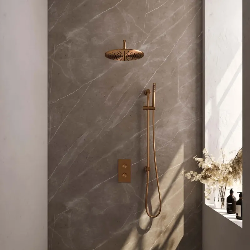 Actieprijs Brauer Copper Carving complete inbouw regendouche set 40 met 30cm douchekop, gebogen muurarm, staafhanddouche en glijstang geborsteld koper PVD