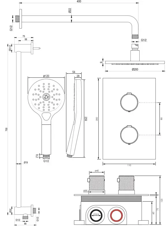 Actieprijs Brauer Copper Carving complete inbouw regendouche set 45 met 20cm douchekop, gebogen muurarm, 3 standen handdouche en glijstang geborsteld koper PVD