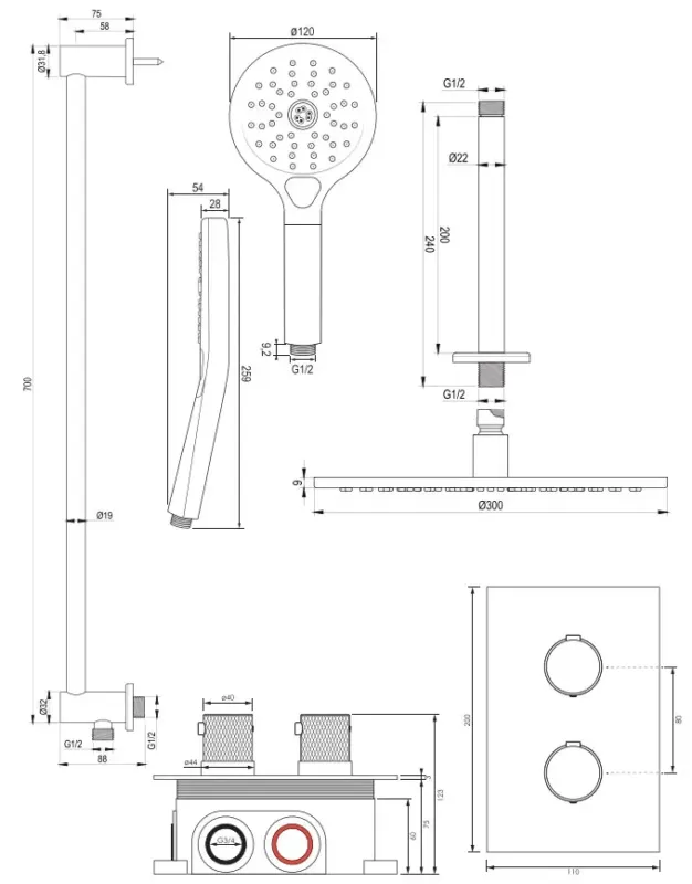 Brauer Copper Carving complete inbouw regendouche set 48 met 30cm douchekop, plafondarm, 3 standen handdouche en glijstang geborsteld koper PVD Meest Verkocht