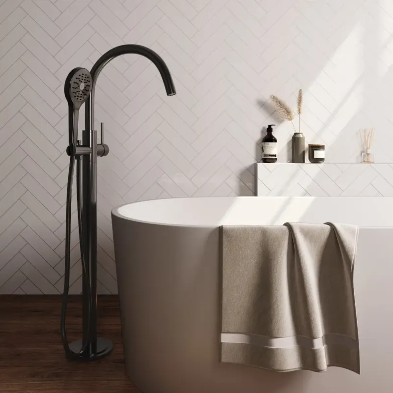 Brauer Gunmetal Carving vrijstaande badmengkraan met 3 standen handdouche gunmetal geborsteld PVD Direct Verzonden