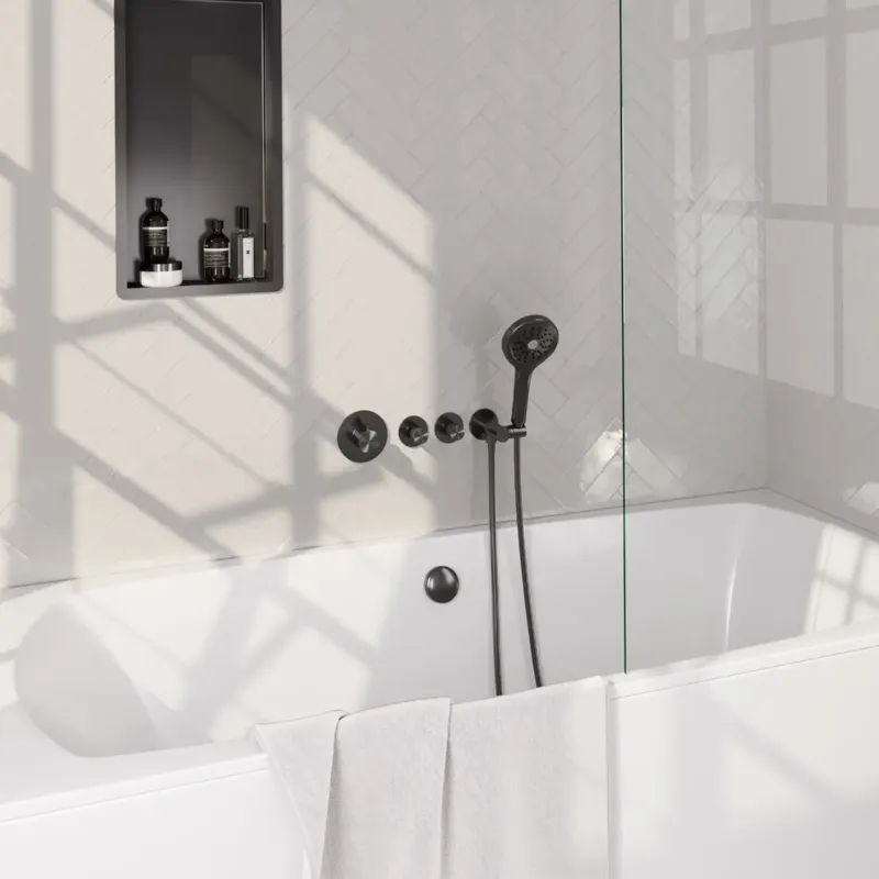 Brauer Gunmetal Carving inbouw badkraan met badvulcombinatie en 3 standen handdouche gunmetal geborsteld PVD Fabrieksprijs