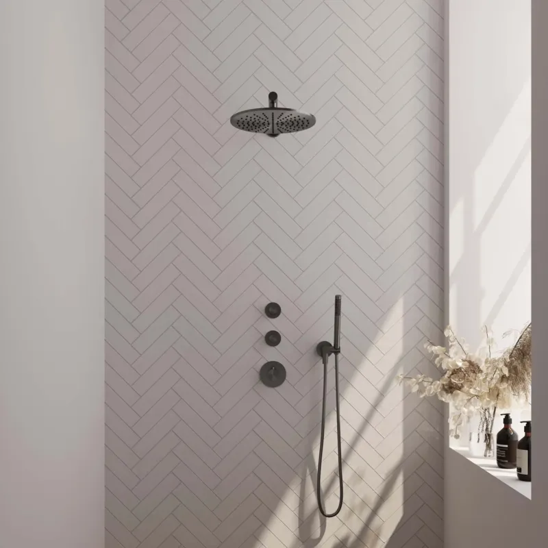 Brauer Gunmetal Carving complete inbouw regendouche set 02 met 30cm douchekop, rechte muurarm en staafhanddouche gunmetal geborsteld PVD Koop Vandaag