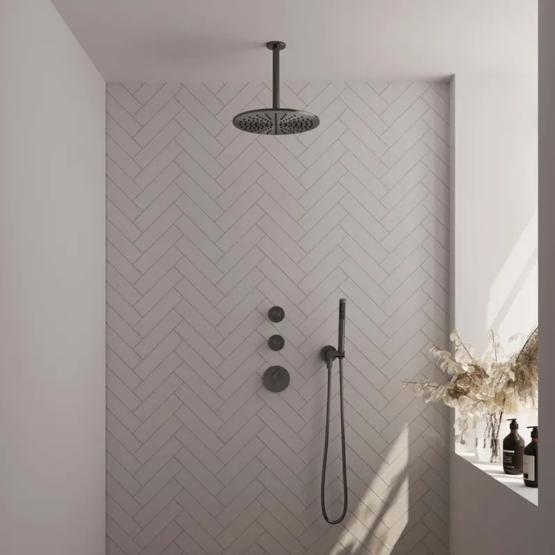 Brauer Gunmetal Carving complete inbouw regendouche set 06 met 30cm douchekop, plafondarm en staafhanddouche gunmetal geborsteld PVD Populair