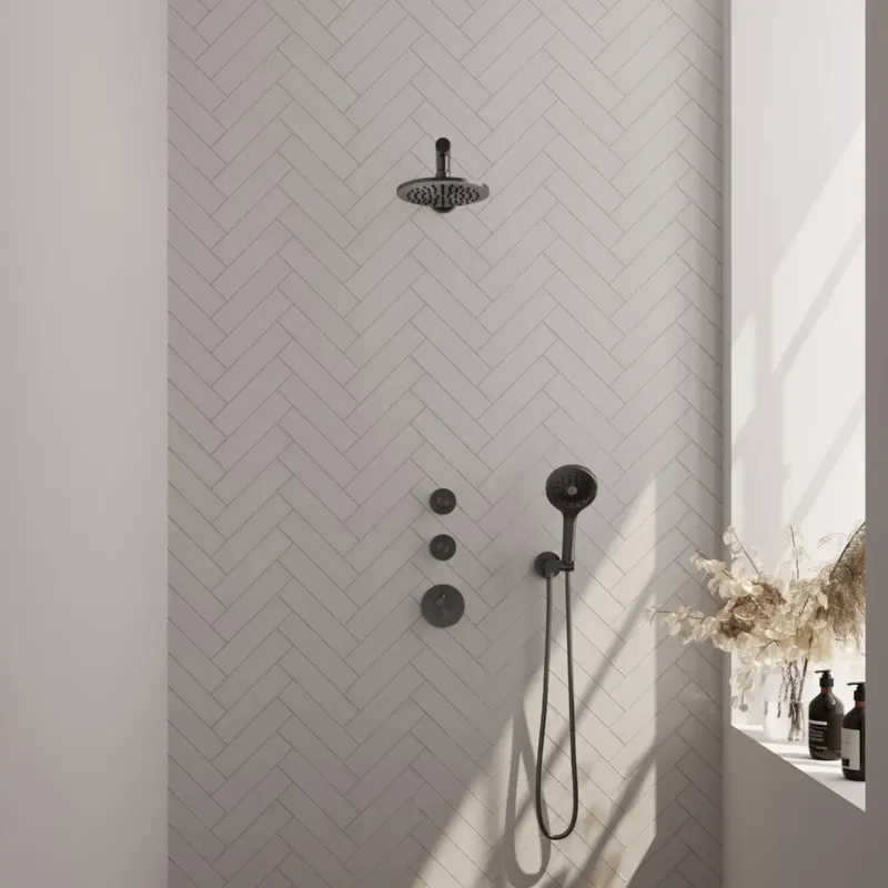 Brauer Gunmetal Carving complete inbouw regendouche set 07 met 20cm douchekop, rechte muurarm en 3 standen handdouche gunmetal geborsteld PVD Nieuw