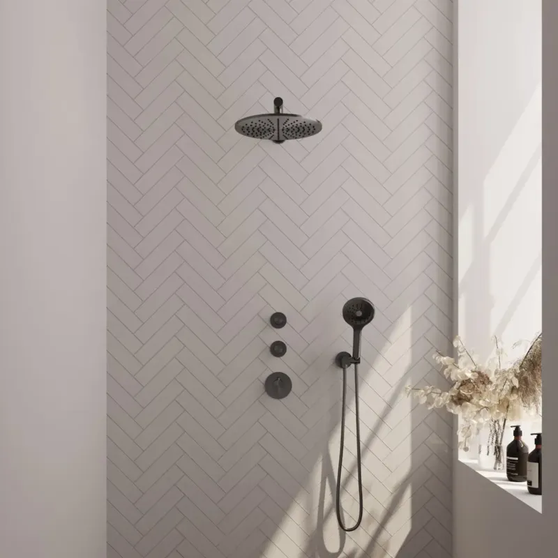 Brauer Gunmetal Carving complete inbouw regendouche set 08 met 30cm douchekop, rechte muurarm en 3 standen handdouche gunmetal geborsteld PVD Op = Op