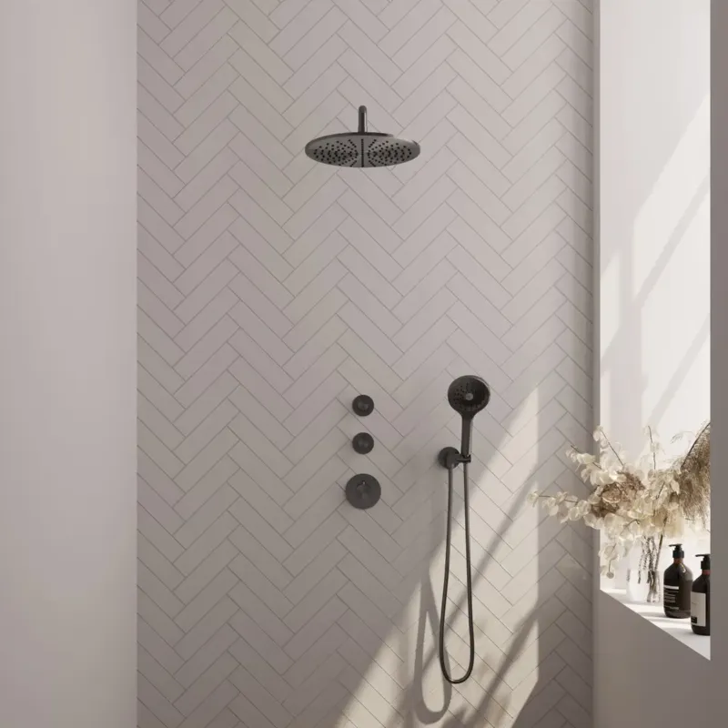 Brauer Gunmetal Carving complete inbouw regendouche set 10 met 30cm douchekop, gebogen muurarm en 3 standen handdouche gunmetal geborsteld PVD Beste Prijs