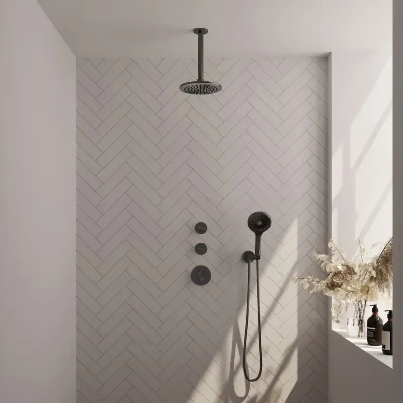 Brauer Gunmetal Carving complete inbouw regendouche set 11 met 20cm douchekop, plafondarm en 3 standen handdouche gunmetal geborsteld PVD Koop Vandaag
