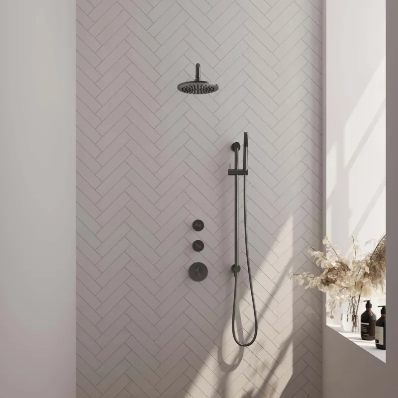 Brauer Gunmetal Carving complete inbouw regendouche set 15 met 20cm douchekop, gebogen muurarm, staafhanddouche en glijstang gunmetal geborsteld PVD Koop Vandaag