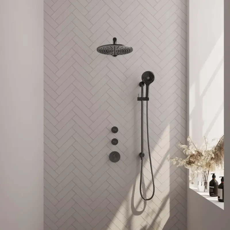 Brauer Gunmetal Carving complete inbouw regendouche set 20 met 30cm douchekop, rechte muurarm, 3 standen handdouche en glijstang gunmetal geborsteld PVD Aanbieding