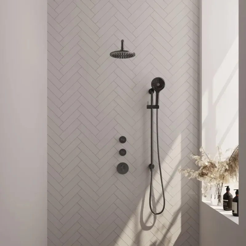 Brauer Gunmetal Carving complete inbouw regendouche set 21 met 20cm douchekop, gebogen muurarm, 3 standen handdouche en glijstang gunmetal geborsteld PVD Korting