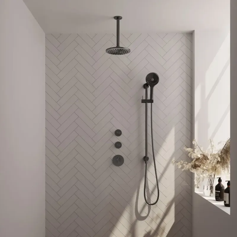 Brauer Gunmetal Carving complete inbouw regendouche set 23 met 20cm douchekop, plafondarm, 3 standen handdouche en glijstang gunmetal geborsteld PVD Populair