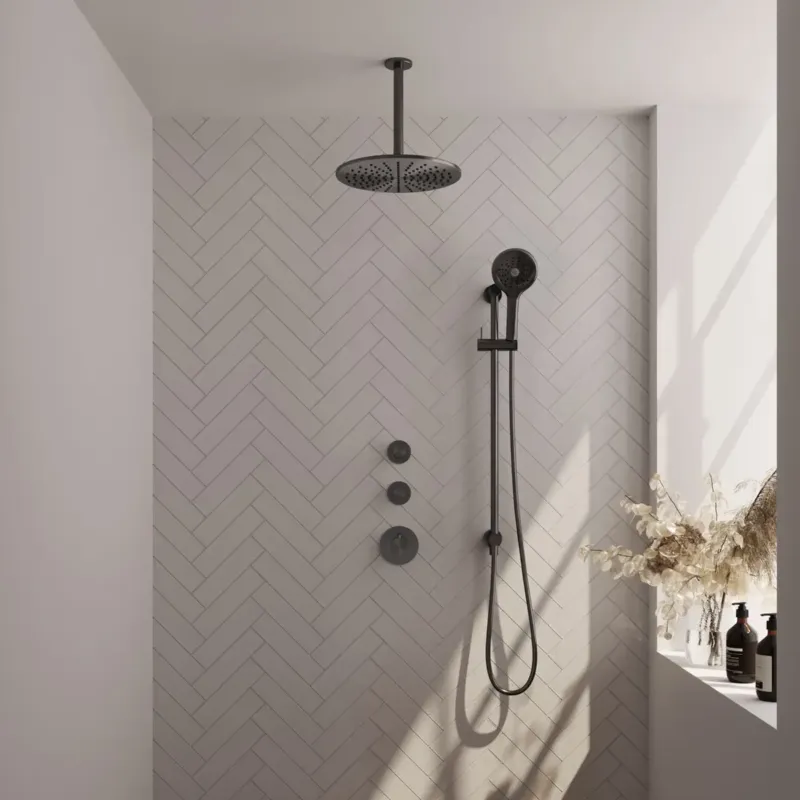 Brauer Gunmetal Carving complete inbouw regendouche set 24 met 30cm douchekop, plafondarm, 3 standen handdouche en glijstang gunmetal geborsteld PVD Favoriet