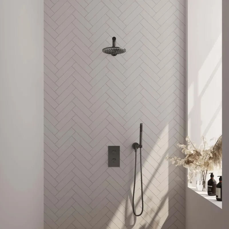Brauer Gunmetal Carving complete inbouw regendouche set 25 met 20cm douchekop, rechte muurarm en staafhanddouche gunmetal geborsteld PVD Nieuw