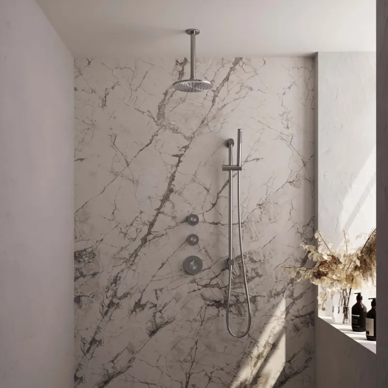 Snelle Levering Brauer Brushed Carving complete inbouw regendouche set 17 met 20cm douchekop, plafondarm, staafhanddouche en glijstang RVS geborsteld PVD