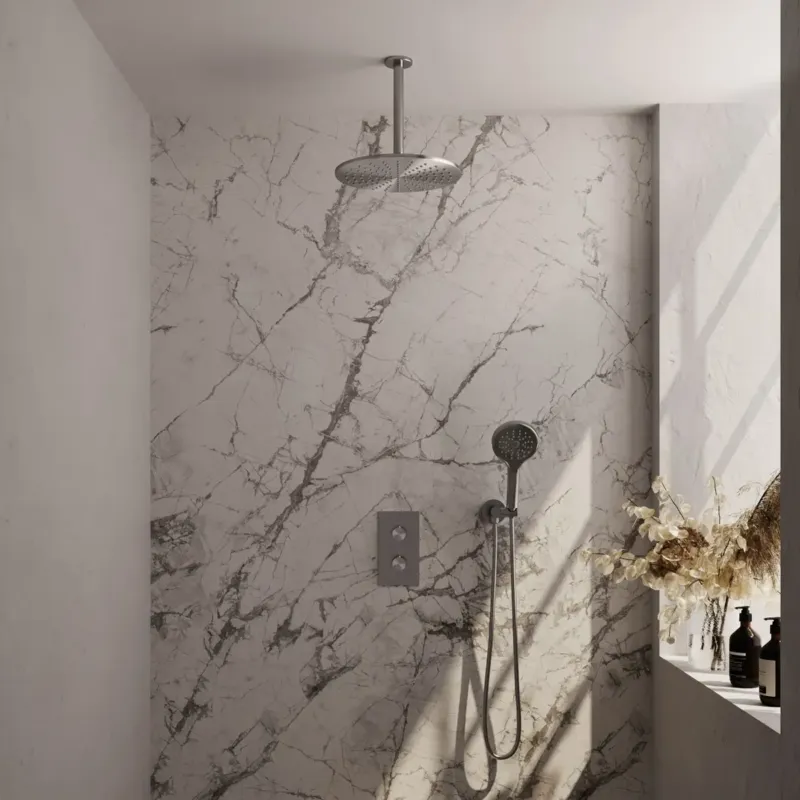 Brauer Brushed Carving complete inbouw regendouche set 36 met 30cm douchekop, plafondarm en 3 standen handdouche RVS geborsteld PVD Snelle Levering