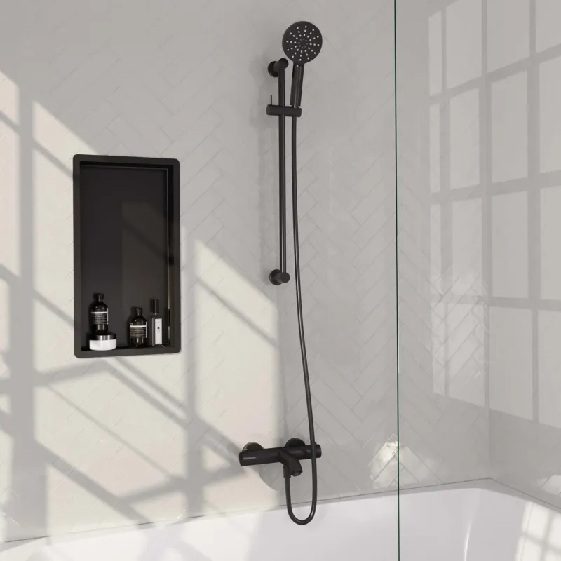 Brauer Black Carving thermostatische badkraan met glijstang en 3 standen handdouche mat zwart Hoge Kwaliteit