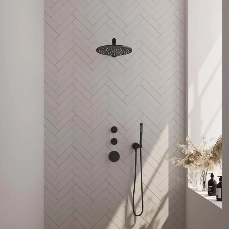 Brauer Black Carving complete inbouw regendouche set 02 met 30cm douchekop, rechte muurarm en staafhanddouche mat zwart Premium