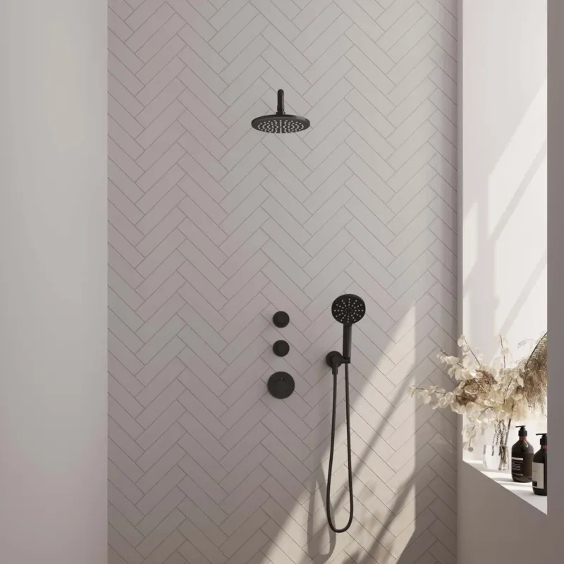 Brauer Black Carving complete inbouw regendouche set 09 met 20cm douchekop, gebogen muurarm en 3 standen handdouche mat zwart Bestel Nu