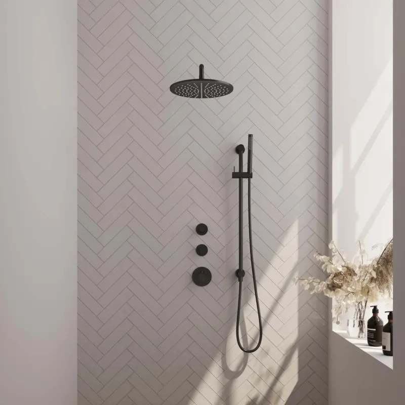 Aanbieding Brauer Black Carving complete inbouw regendouche set 16 met 30cm douchekop, gebogen muurarm, staafhanddouche en glijstang mat zwart