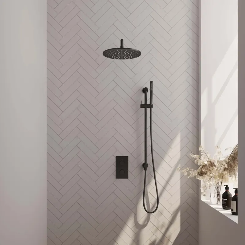Brauer Black Carving complete inbouw regendouche set 40 met 30cm douchekop, gebogen muurarm, staafhanddouche en glijstang mat zwart Bestel Nu