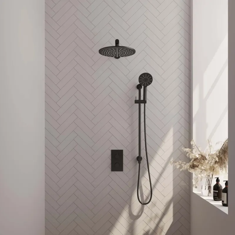 Beperkte Voorraad Brauer Black Carving complete inbouw regendouche set 44 met 30cm douchekop, rechte muurarm, 3 standen handdouche en glijstang mat zwart