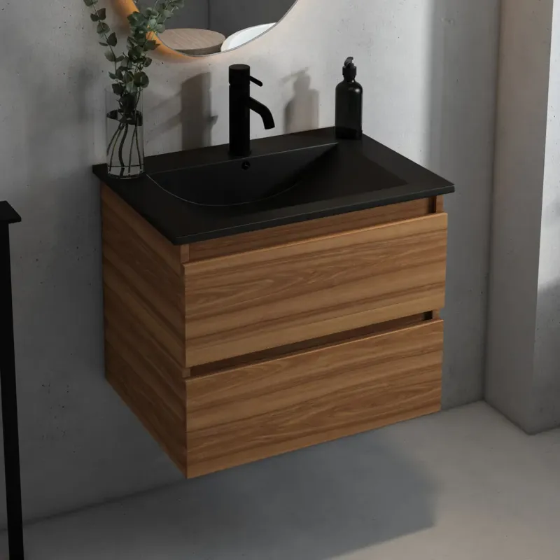 Veilige Betaling Fontana Rovigo badmeubel 60cm met zwarte wastafel en kraangat walnoot