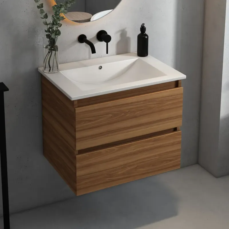 Fontana Rovigo badmeubel 60cm met witte wastafel zonder kraangat walnoot Actieprijs