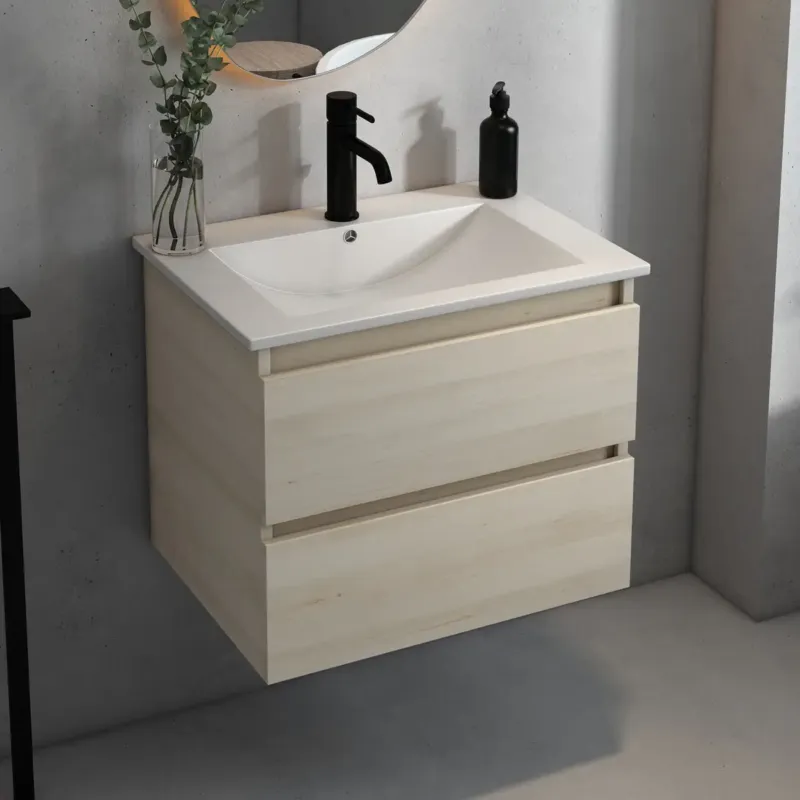 Fontana Rovigo badmeubel 60cm met witte wastafel en kraangat beach eiken Gereduceerde Prijs