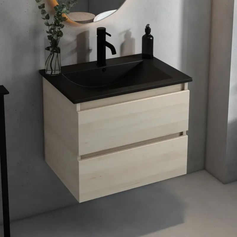 Exclusieve Aanbieding Fontana Rovigo badmeubel 60cm met zwarte wastafel en kraangat beach eiken