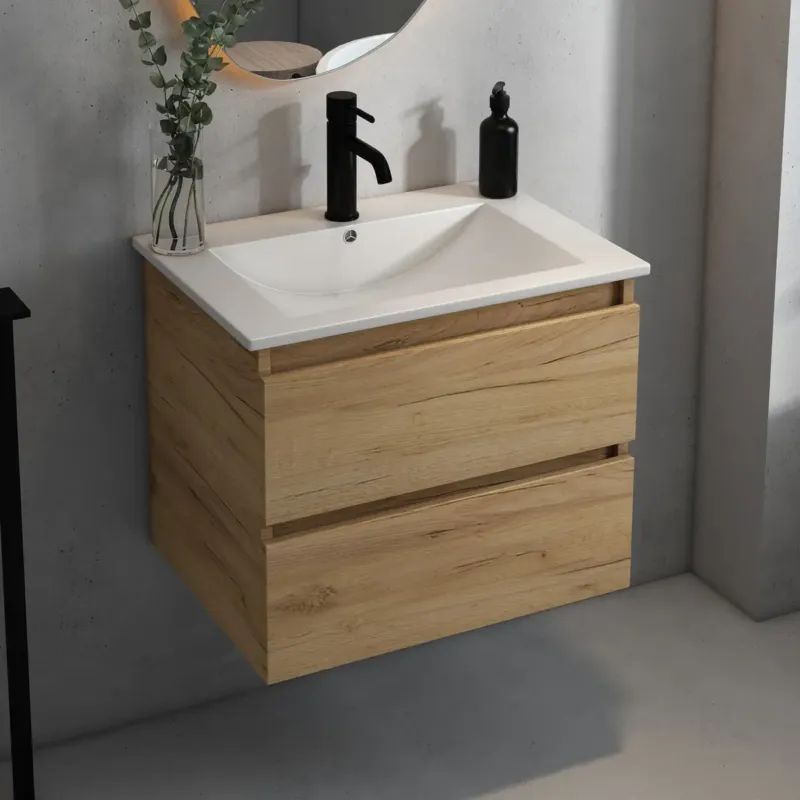 Populair Fontana Rovigo badmeubel 60cm met witte wastafel en kraangat warm eiken