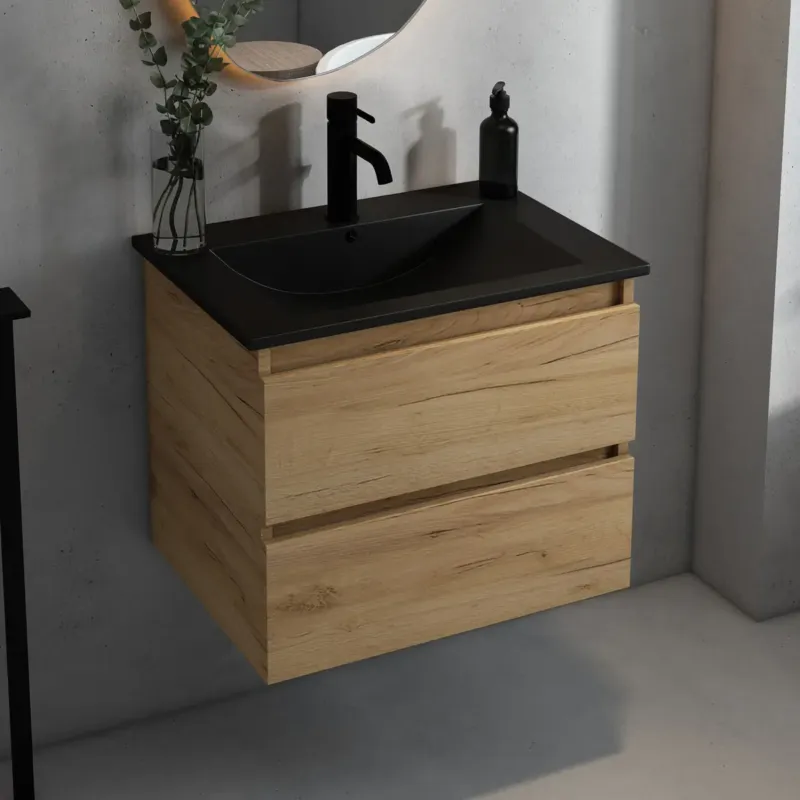 Fontana Rovigo badmeubel 60cm met zwarte wastafel en kraangat warm eiken Direct Beschikbaar