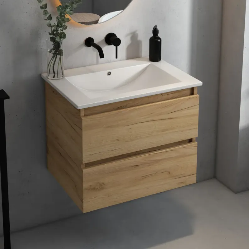 Fontana Rovigo badmeubel 60cm met witte wastafel zonder kraangat warm eiken Shop Nu