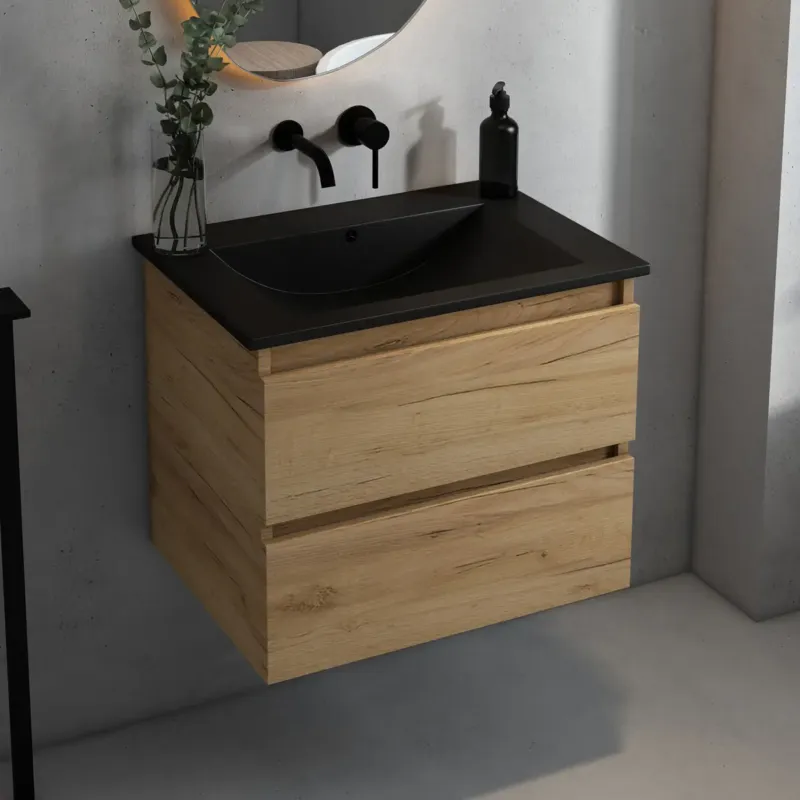 Fontana Rovigo badmeubel 60cm met zwarte wastafel zonder kraangat warm eiken Shop Nu