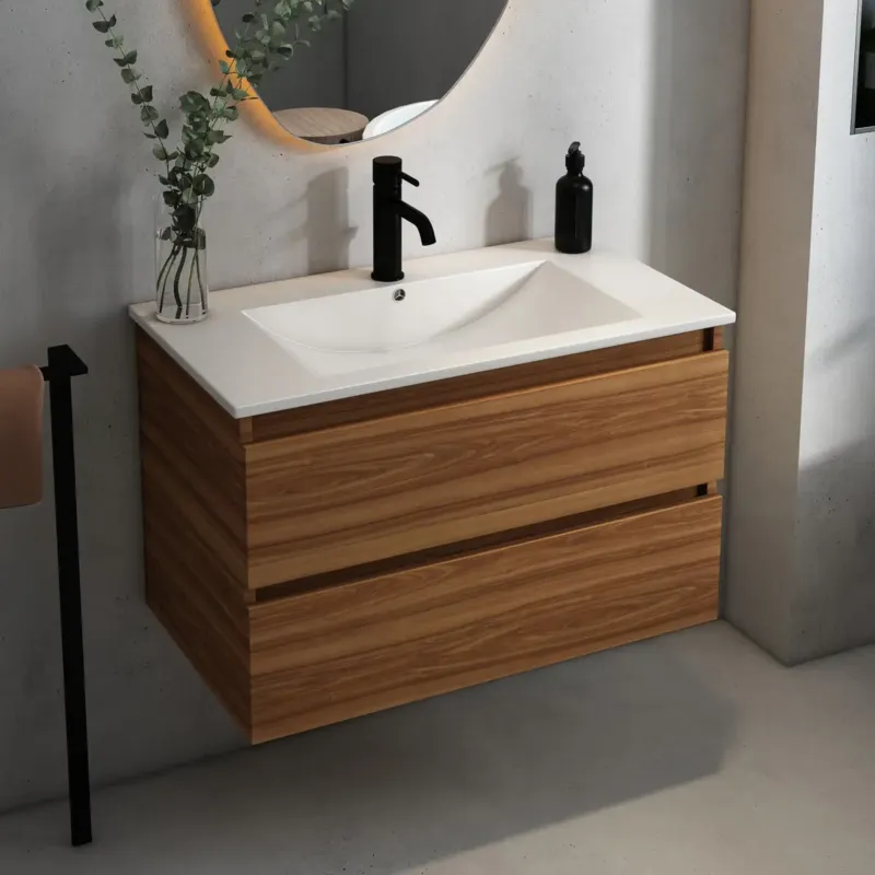 Nu Kopen Fontana Rovigo badmeubel 80cm met witte wastafel en kraangat walnoot