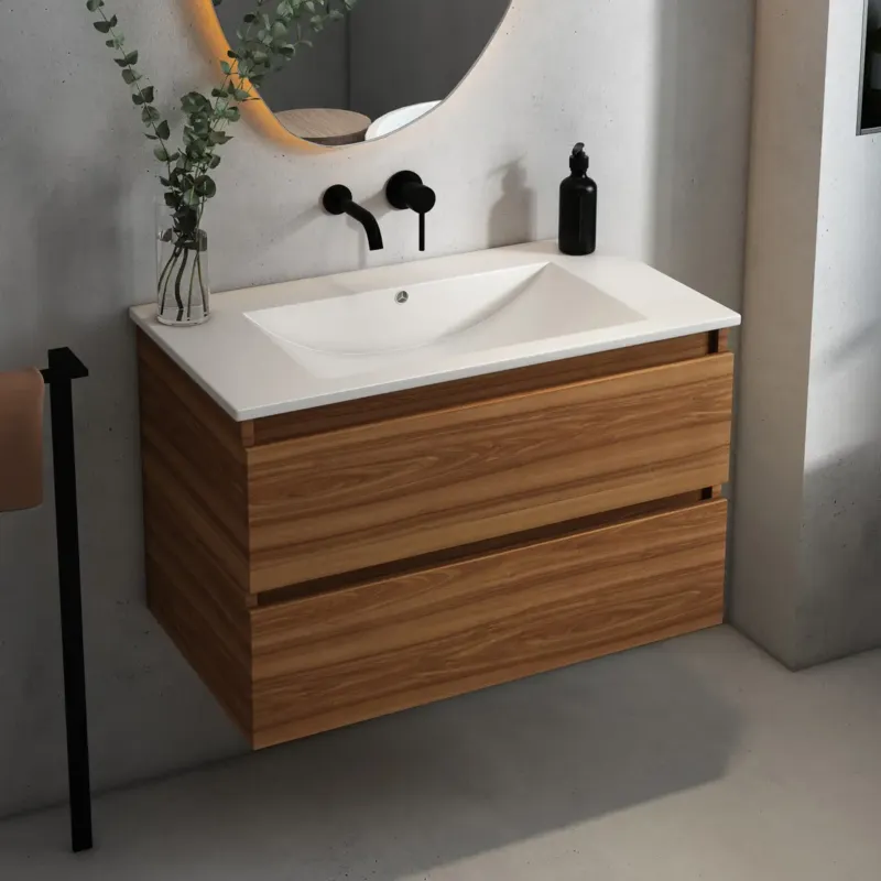 Goedkoop Fontana Rovigo badmeubel 80cm met witte wastafel zonder kraangat walnoot