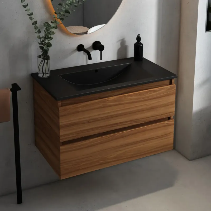 Veilige Betaling Fontana Rovigo badmeubel 80cm met zwarte wastafel zonder kraangat walnoot